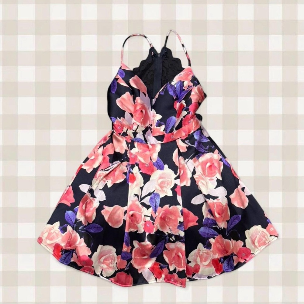 B Darlin Pink and navy floral lacy ruffle dress
